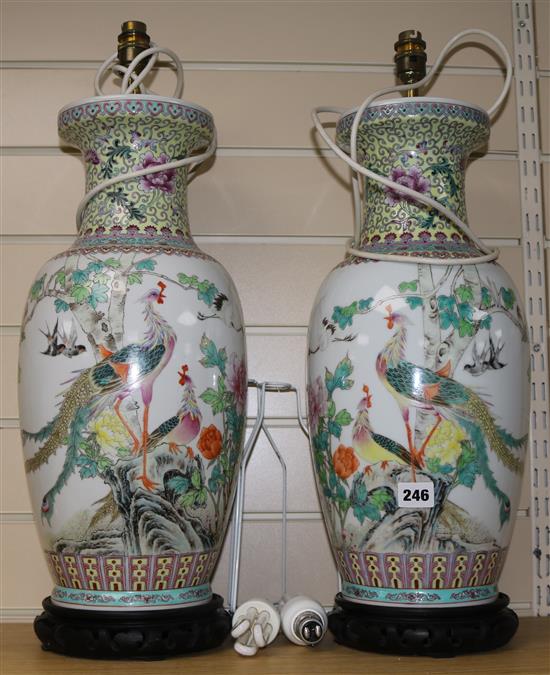 A pair of modern Chinese vase table lamps and shades, 51cm